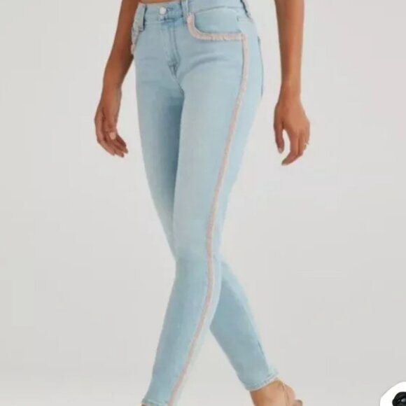 7 For All Mankind The High Waist Ankle Skinny Jeans with Rainbow Fringe Size 28 - Picture 1 of 10
